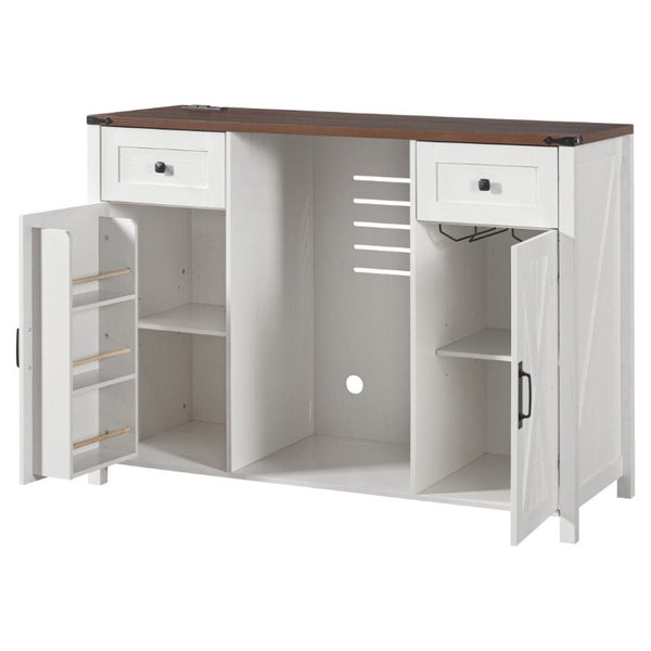 English Elm K&k Farmhouse Buffet Sideboard with Fluted Doors Built-In Power Hub and Fridge Space White N707S508915W