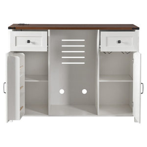 English Elm K&k Farmhouse Buffet Sideboard with Fluted Doors Built-In Power Hub and Fridge Space White N707S508915W