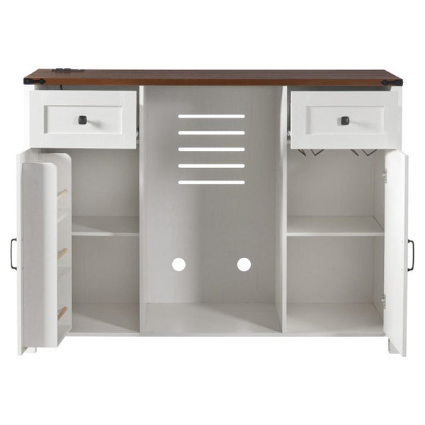 English Elm K&k Farmhouse Buffet Sideboard with Fluted Doors Built-In Power Hub and Fridge Space White N707S508915W