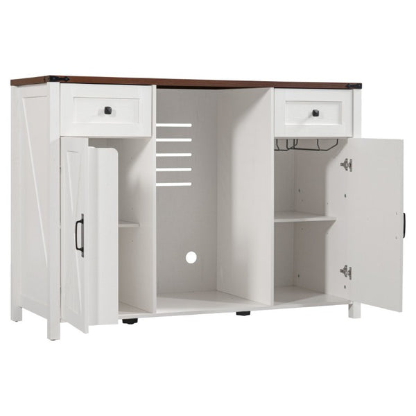 English Elm K&k Farmhouse Buffet Sideboard with Fluted Doors Built-In Power Hub and Fridge Space White N707S508915W