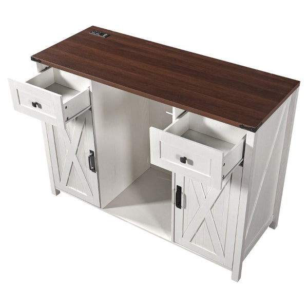 English Elm K&k Farmhouse Buffet Sideboard with Fluted Doors Built-In Power Hub and Fridge Space White N707S508915W