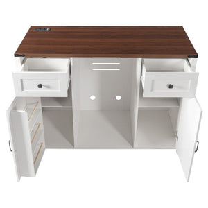 English Elm K&k Farmhouse Buffet Sideboard with Fluted Doors Built-In Power Hub and Fridge Space White N707S508915W