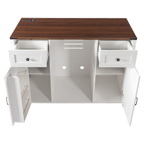 English Elm K&k Farmhouse Buffet Sideboard with Fluted Doors Built-In Power Hub and Fridge Space White N707S508915W