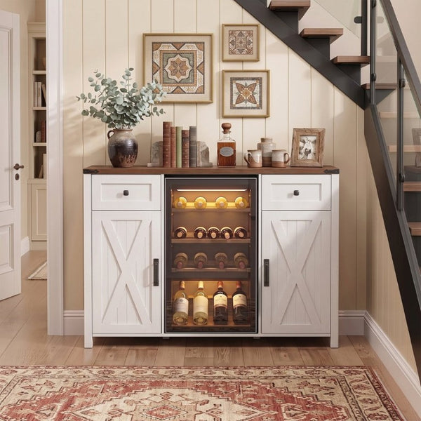 English Elm K&k Farmhouse Buffet Sideboard with Fluted Doors Built-In Power Hub and Fridge Space White N707S508915W