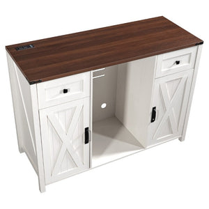 English Elm K&k Farmhouse Buffet Sideboard with Fluted Doors Built-In Power Hub and Fridge Space White N707S508915W