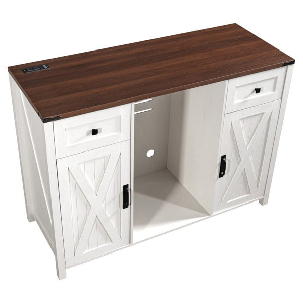 English Elm K&k Farmhouse Buffet Sideboard with Fluted Doors Built-In Power Hub and Fridge Space White N707S508915W