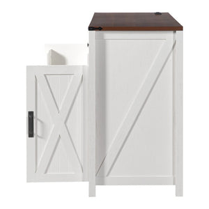 English Elm K&k Farmhouse Buffet Sideboard with Fluted Doors Built-In Power Hub and Fridge Space White N707S508915W