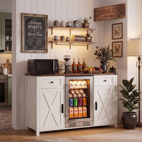 English Elm K&k Farmhouse Buffet Sideboard with Fluted Doors Built-In Power Hub and Fridge Space White N707S508915W