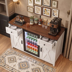 English Elm K&k Farmhouse Buffet Sideboard with Fluted Doors Built-In Power Hub and Fridge Space White N707S508915W
