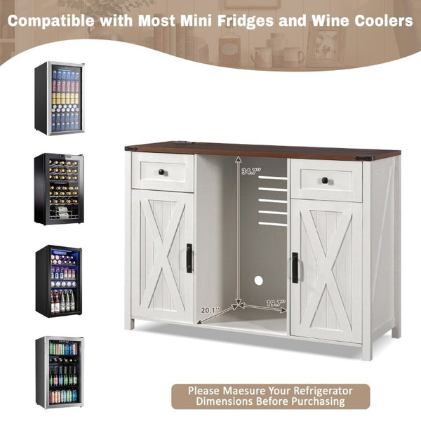 English Elm K&k Farmhouse Buffet Sideboard with Fluted Doors Built-In Power Hub and Fridge Space White N707S508915W