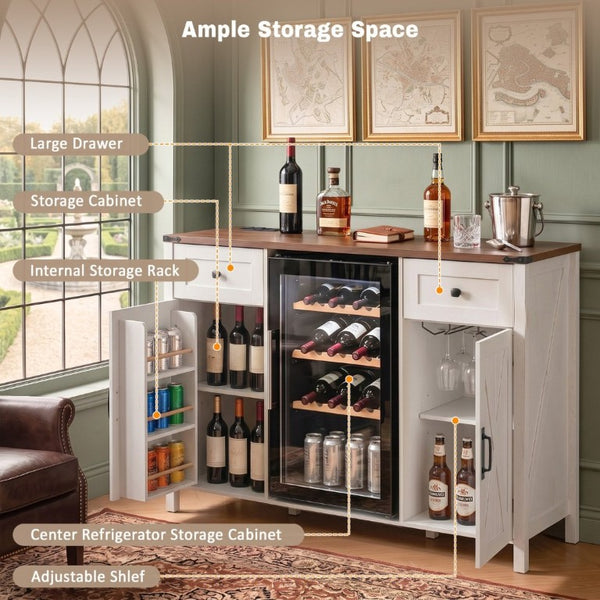 English Elm K&k Farmhouse Buffet Sideboard with Fluted Doors Built-In Power Hub and Fridge Space White N707S508915W