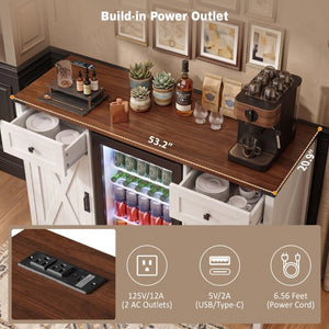 English Elm K&k Farmhouse Buffet Sideboard with Fluted Doors Built-In Power Hub and Fridge Space White N707S508915W