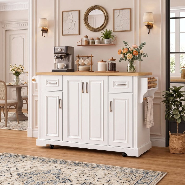 English Elm K&k Farmhouse Rolling Kitchen Island with Drop Leaf Soft Close Doors and Spice Rack White N707S531456W