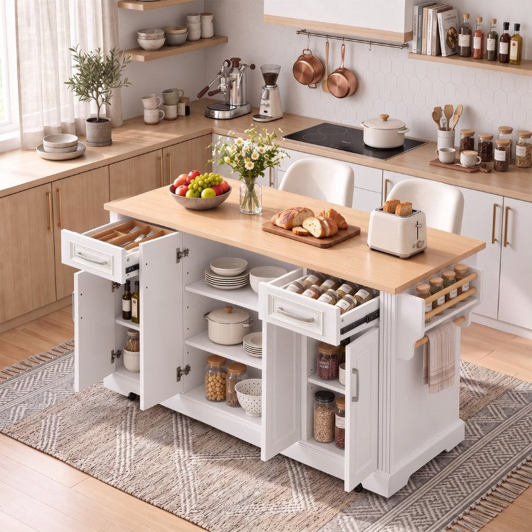 English Elm K&k Farmhouse Rolling Kitchen Island with Drop Leaf Soft Close Doors and Spice Rack White N707S531456W