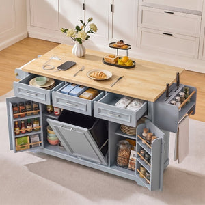 English Elm K&k Farmhouse Rolling Kitchen Island with Power Outlet Trash Storage and Drop Leaf N707S531659G