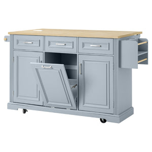 English Elm K&k Farmhouse Rolling Kitchen Island with Power Outlet Trash Storage and Drop Leaf N707S531659G