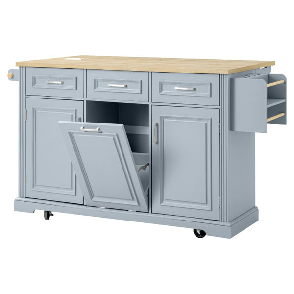 English Elm K&k Farmhouse Rolling Kitchen Island with Power Outlet Trash Storage and Drop Leaf N707S531659G