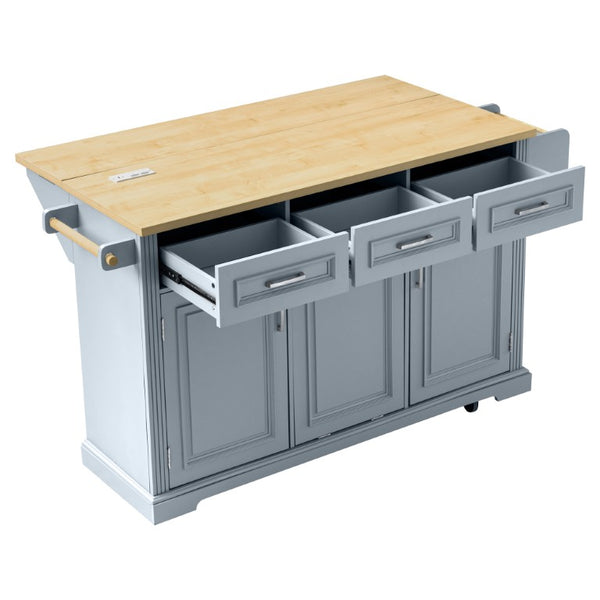English Elm K&k Farmhouse Rolling Kitchen Island with Power Outlet Trash Storage and Drop Leaf N707S531659G