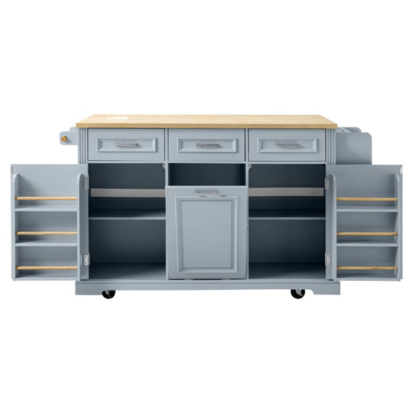 English Elm K&k Farmhouse Rolling Kitchen Island with Power Outlet Trash Storage and Drop Leaf N707S531659G