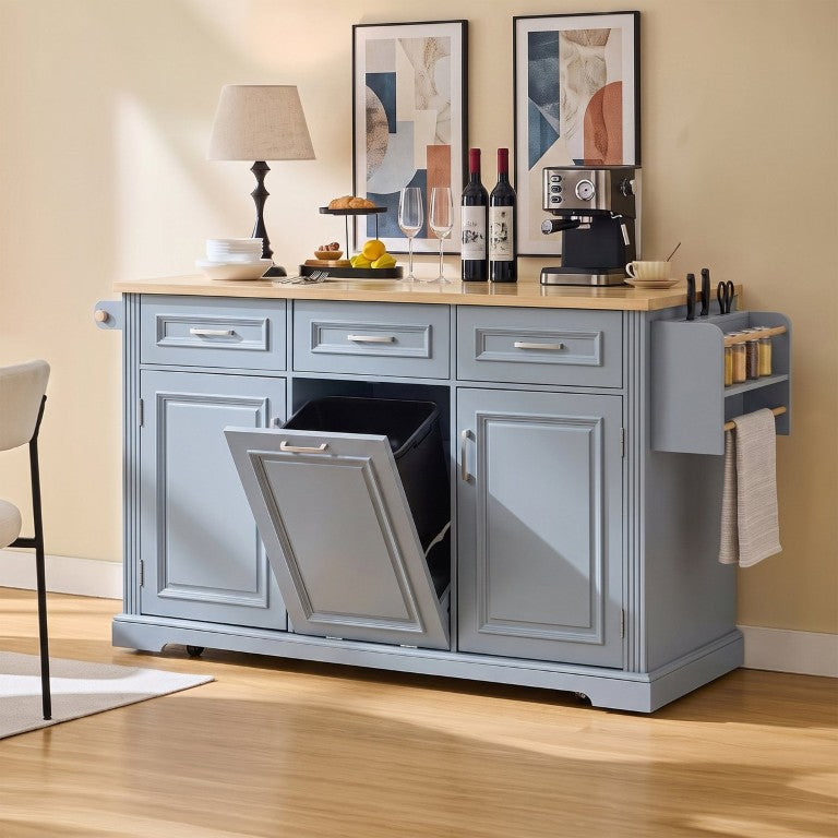 English Elm K&k Farmhouse Rolling Kitchen Island with Power Outlet Trash Storage and Drop Leaf N707S531659G