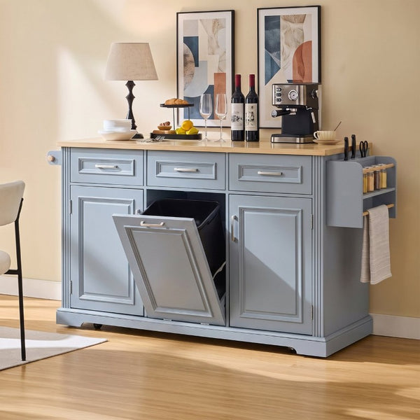 English Elm K&k Farmhouse Rolling Kitchen Island with Power Outlet Trash Storage and Drop Leaf N707S531659G