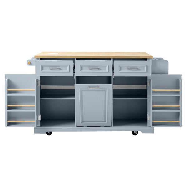 English Elm K&k Farmhouse Rolling Kitchen Island with Power Outlet Trash Storage and Drop Leaf N707S531659G