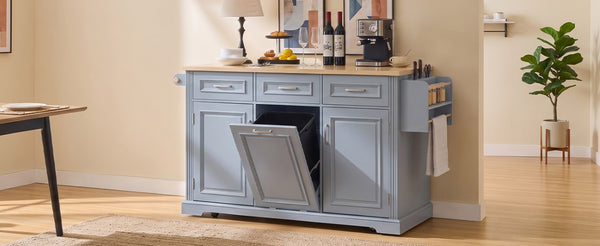 English Elm K&k Farmhouse Rolling Kitchen Island with Power Outlet Trash Storage and Drop Leaf N707S531659G
