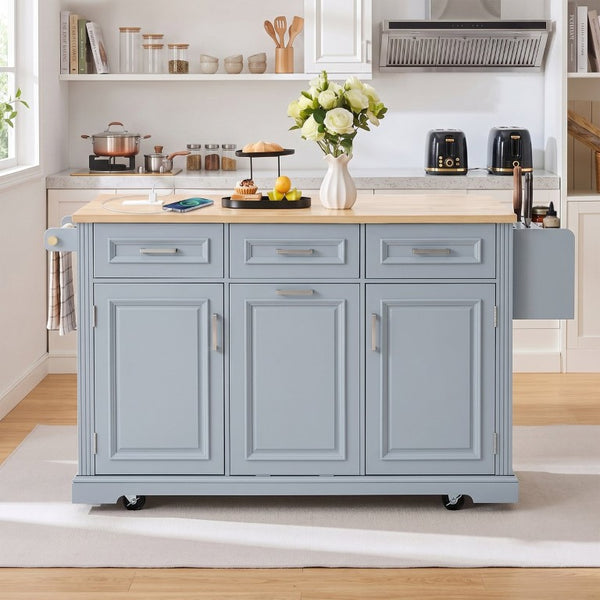 English Elm K&k Farmhouse Rolling Kitchen Island with Power Outlet Trash Storage and Drop Leaf N707S531659G