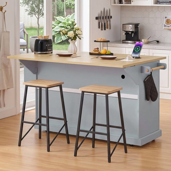 English Elm K&k Farmhouse Rolling Kitchen Island with Power Outlet Trash Storage and Drop Leaf N707S531659G