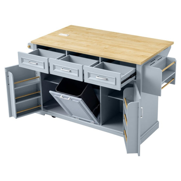 English Elm K&k Farmhouse Rolling Kitchen Island with Power Outlet Trash Storage and Drop Leaf N707S531659G