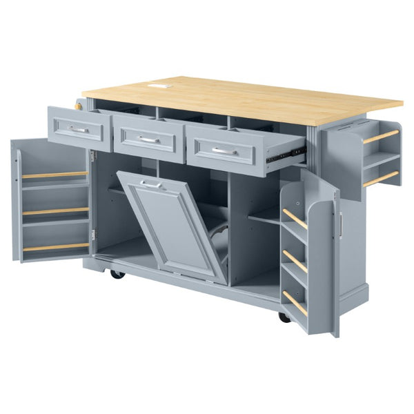 English Elm K&k Farmhouse Rolling Kitchen Island with Power Outlet Trash Storage and Drop Leaf N707S531659G
