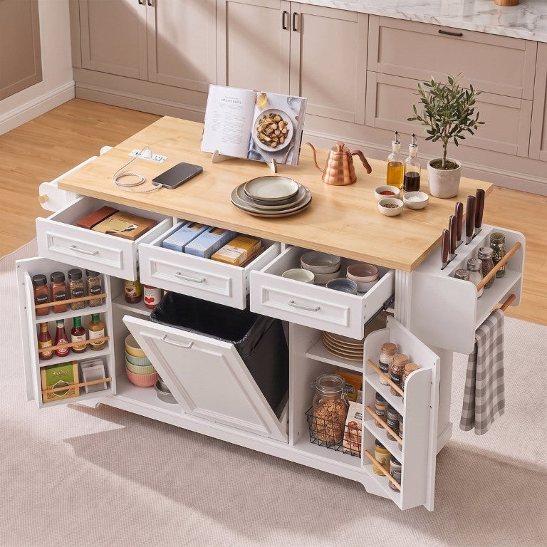 English Elm K&k Farmhouse Rolling Kitchen Island with Power Outlet Trash Cabinet and Drop Leaf N707S531659W