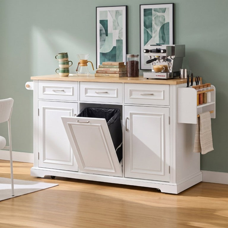 English Elm K&k Farmhouse Rolling Kitchen Island with Power Outlet Trash Cabinet and Drop Leaf N707S531659W