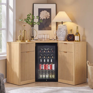 English Elm K&k Fluted Corner Bar Cabinet with Fridge Space Power Outlet and Wine Glass Holders Natural Oak N707S542031Y