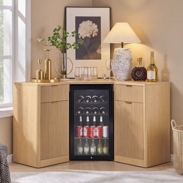 English Elm K&k Fluted Corner Bar Cabinet with Fridge Space Power Outlet and Wine Glass Holders Natural Oak N707S542031Y