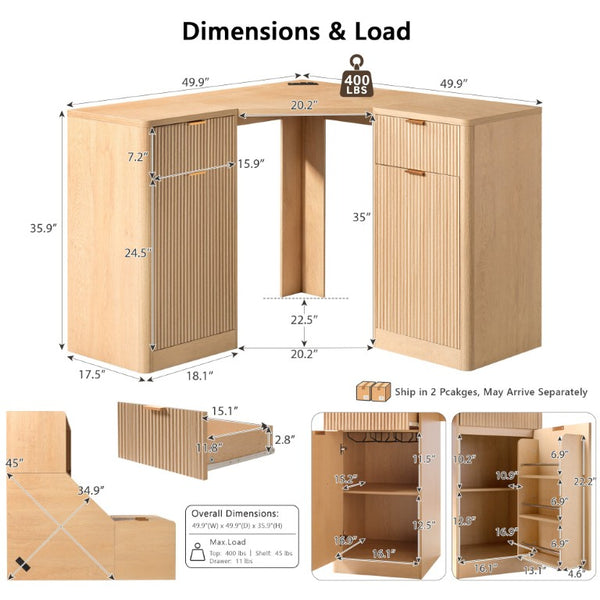 English Elm K&k Fluted Corner Bar Cabinet with Fridge Space Power Outlet and Wine Glass Holders Natural Oak N707S542031Y