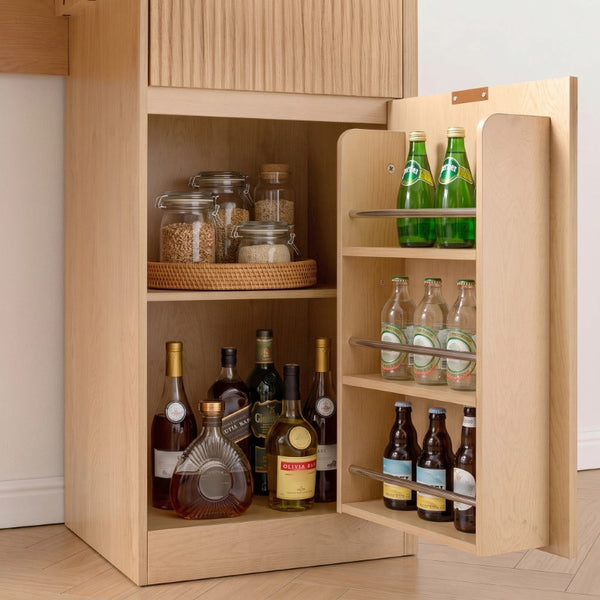 English Elm K&k Fluted Corner Bar Cabinet with Fridge Space Power Outlet and Wine Glass Holders Natural Oak N707S542031Y