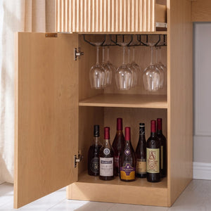 English Elm K&k Fluted Corner Bar Cabinet with Fridge Space Power Outlet and Wine Glass Holders Natural Oak N707S542031Y