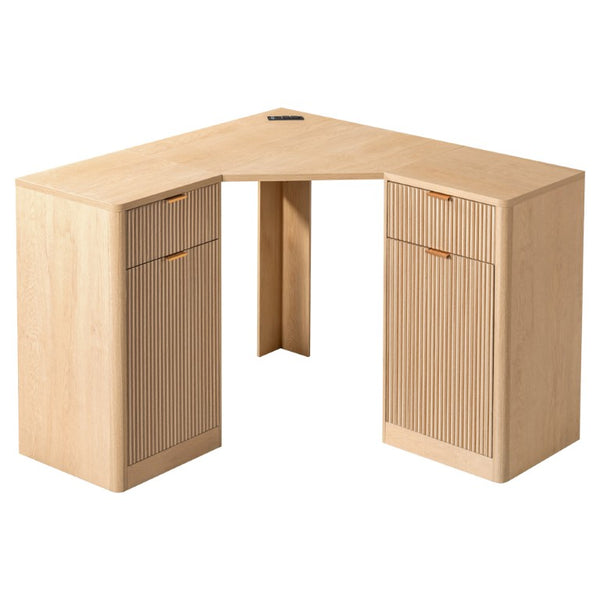 English Elm K&k Fluted Corner Bar Cabinet with Fridge Space Power Outlet and Wine Glass Holders Natural Oak N707S542031Y