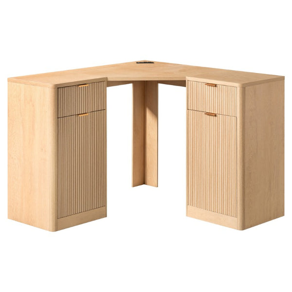 English Elm K&k Fluted Corner Bar Cabinet with Fridge Space Power Outlet and Wine Glass Holders Natural Oak N707S542031Y