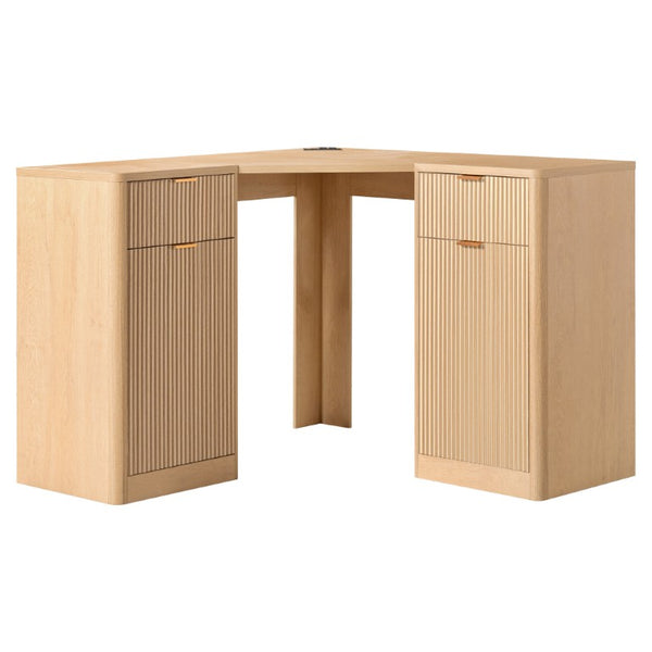 English Elm K&k Fluted Corner Bar Cabinet with Fridge Space Power Outlet and Wine Glass Holders Natural Oak N707S542031Y