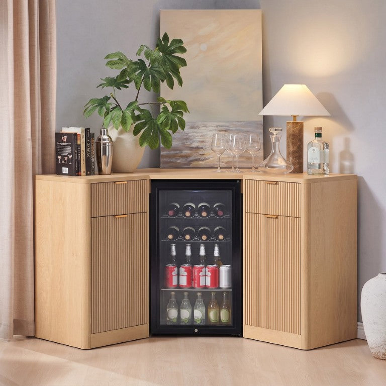 English Elm K&k Fluted Corner Bar Cabinet with Fridge Space Power Outlet and Wine Glass Holders Natural Oak N707S542031Y