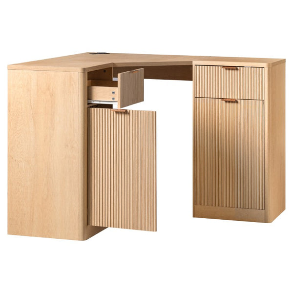 English Elm K&k Fluted Corner Bar Cabinet with Fridge Space Power Outlet and Wine Glass Holders Natural Oak N707S542031Y