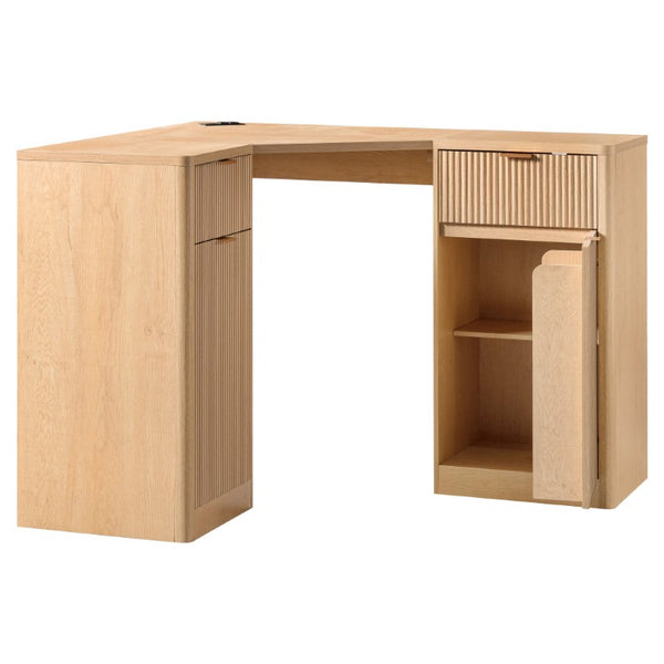 English Elm K&k Fluted Corner Bar Cabinet with Fridge Space Power Outlet and Wine Glass Holders Natural Oak N707S542031Y