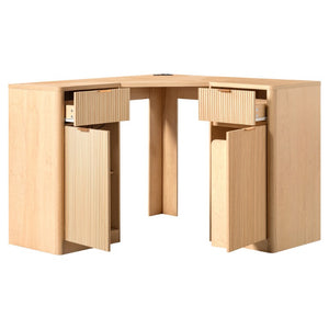 English Elm K&k Fluted Corner Bar Cabinet with Fridge Space Power Outlet and Wine Glass Holders Natural Oak N707S542031Y