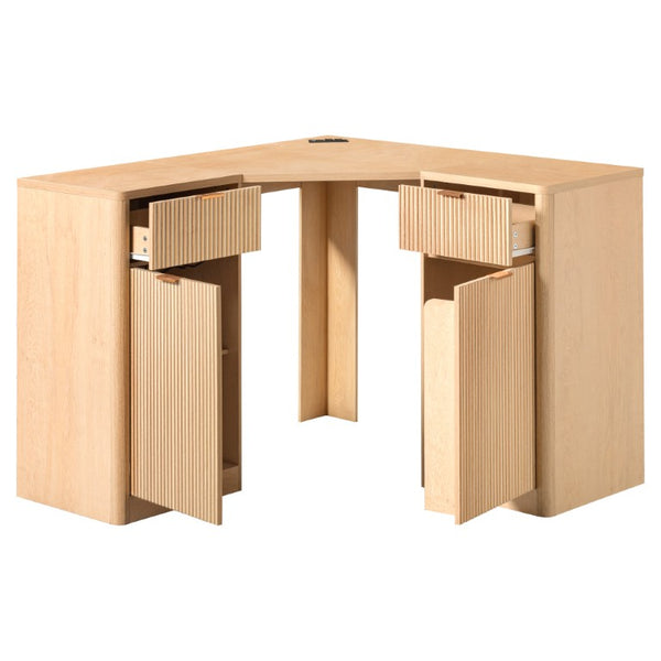 English Elm K&k Fluted Corner Bar Cabinet with Fridge Space Power Outlet and Wine Glass Holders Natural Oak N707S542031Y