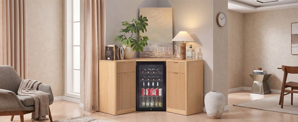English Elm K&k Fluted Corner Bar Cabinet with Fridge Space Power Outlet and Wine Glass Holders Natural Oak N707S542031Y