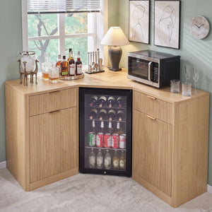 English Elm K&k Fluted Corner Bar Cabinet with Fridge Space Power Outlet and Wine Glass Holders Natural Oak N707S542031Y