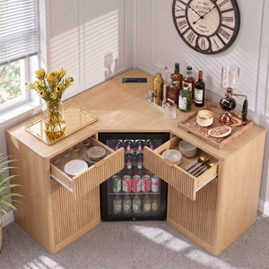 English Elm K&k Fluted Corner Bar Cabinet with Fridge Space Power Outlet and Wine Glass Holders Natural Oak N707S542031Y
