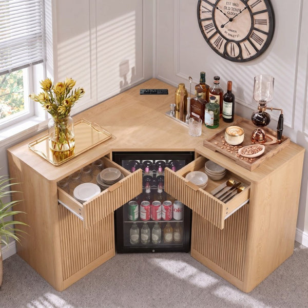 English Elm K&k Fluted Corner Bar Cabinet with Fridge Space Power Outlet and Wine Glass Holders Natural Oak N707S542031Y